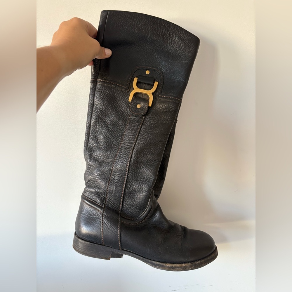 Chloe Black pebbled Leather Riding Boots with Gold Buckle Size 37 1/2 37.5